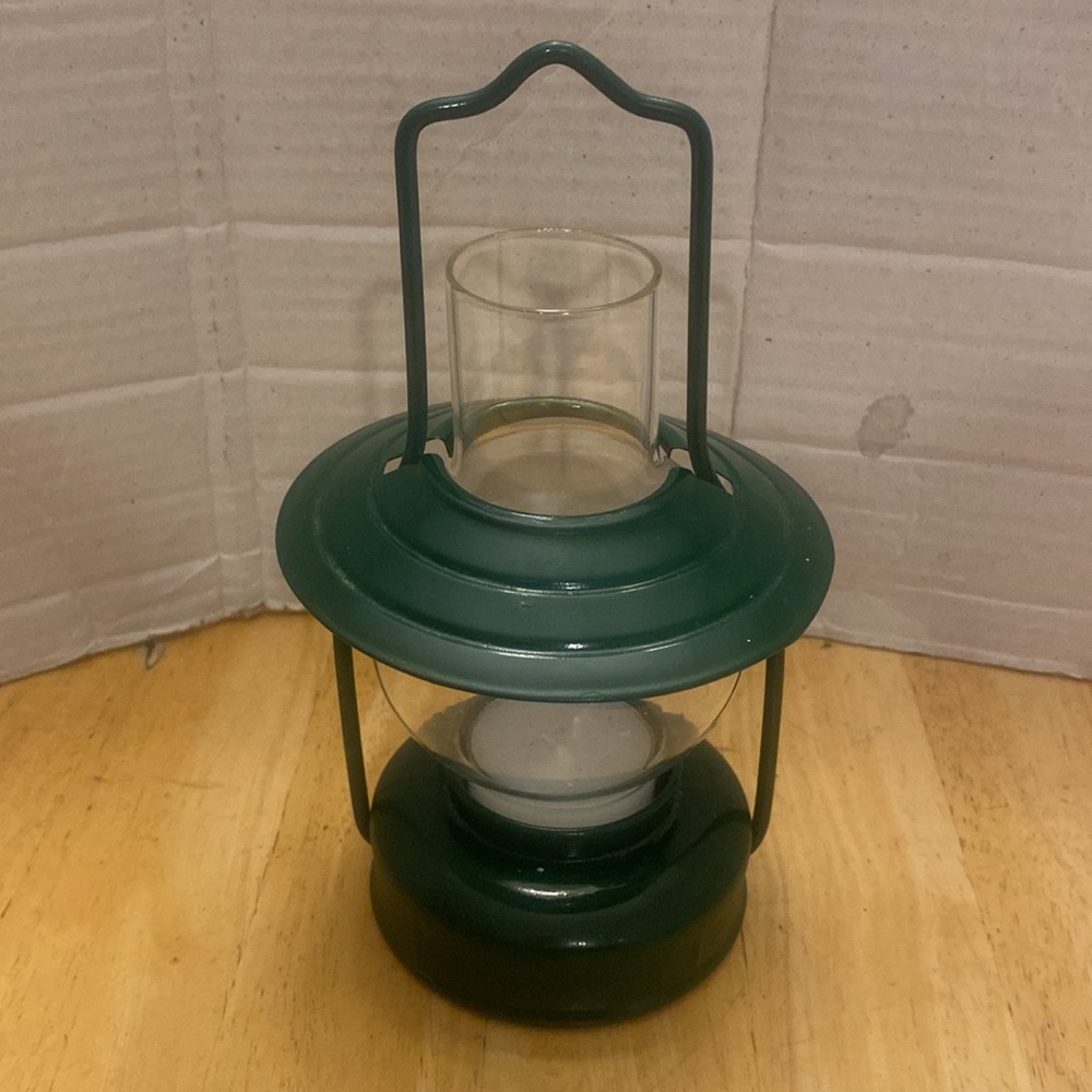 Green Metal Lantern style tea light Candle Holder about 7 in